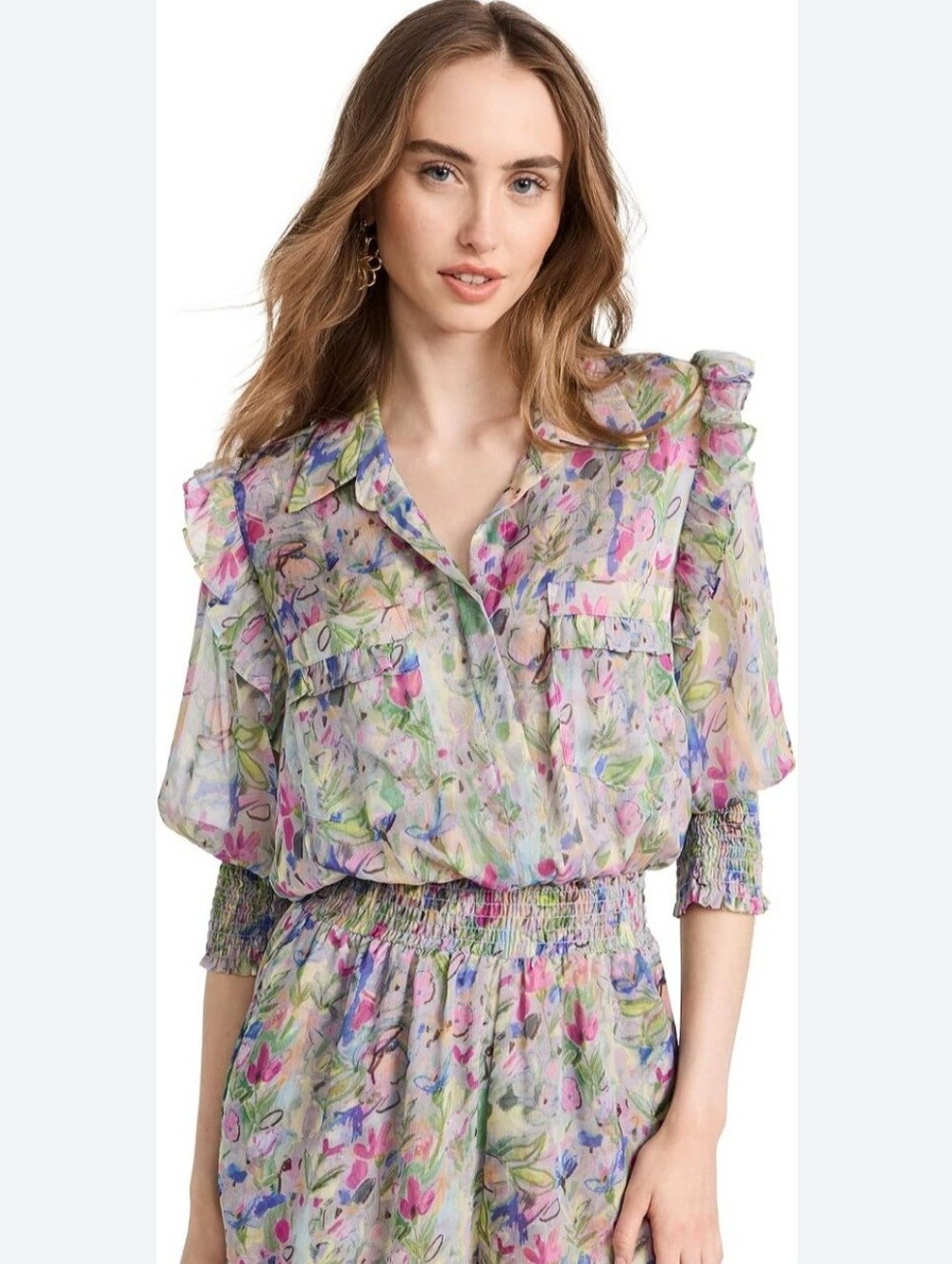 Misa Los Angeles Pastel Floral Ruffle Button Blouse
